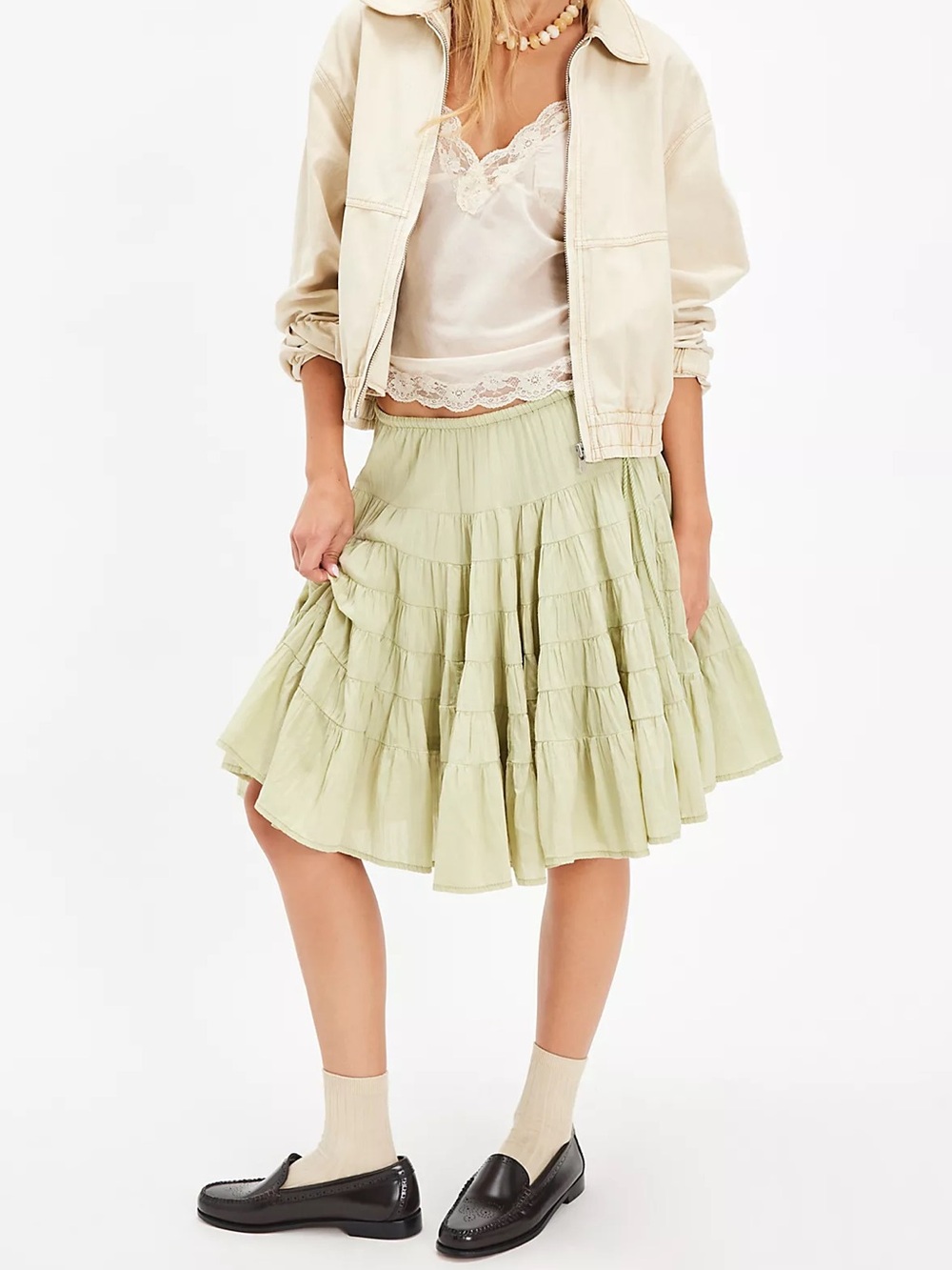 Free People Many Layers Solid Midi Skirt Washed Sage Tiered Boho Large